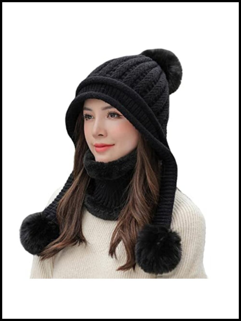 Chunky Knit Beanie Hat Circle Scarf Set Faux Fur Lined Winter Pompom Ear Flaps